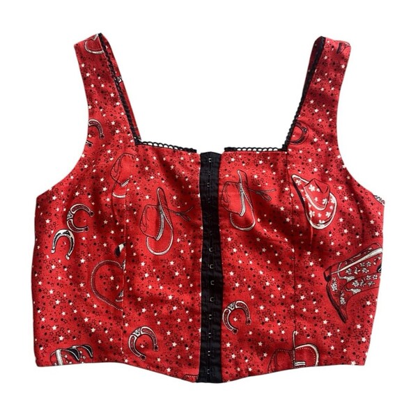 Monteau Red Linen Crop Corset Top Western Cowboy Rodeo Horseshoe Equestrian M - Picture 1 of 6
